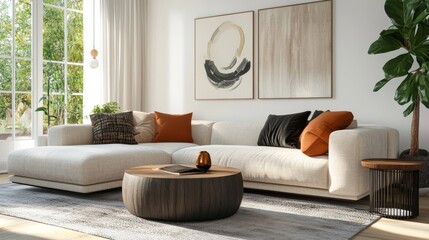 3D rendered living room design with sofa.