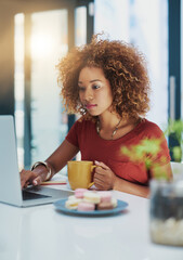 Poster - Office, coffee and business woman on laptop for research, website review and planning. Creative agency, startup and person with beverage, caffeine and tea on computer for internet and online project