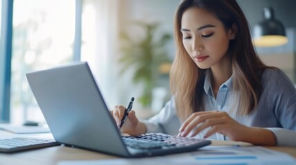 Poster - Asian Business woman using calculator and laptop for doing math finance on an office desk tax report accounting statistics and analytical research concept : Generative AI