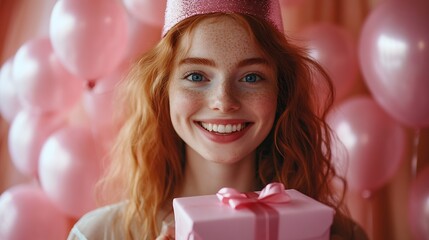 Excited goodlooking feminine glamour redhead woman with blue eyes happy expression receive lovely pink gift present wrapped in box smiling amused celebrating birthday in bday cap : Generative AI