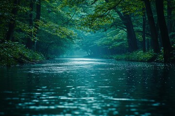 Poster - Serene River Flowing Through a Misty Forest