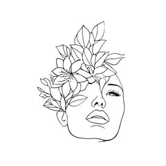 Wall Mural - Female Face with Flowers Line Art Vector Drawing. Linear Drawing of Floral Woman Head. Woman Portrait Black Sketch Illustration on White Background