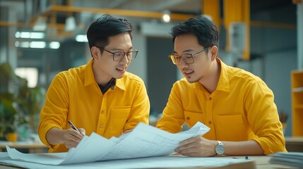 Poster - Two Asian professional engineers are discussing construction blueprints wearing yellow shirts doing big work and discussing large white plan paper on the table in the office : Generative AI
