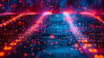 Poster - Abstract Futuristic Technology Concept with Glowing Lights and Bokeh Effect on Circuit Board at Night, High Tech Innovation and Data Flow in Digital Landscape