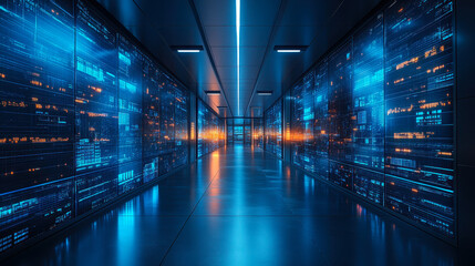 Poster - Compliance-Ready Data Center Solutions with Illustrative Servers Highlighting Regulatory Standards Adherence in Modern Facility during Night Time for GDPR, HIPAA, AI Compliance