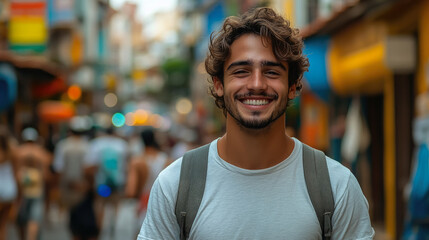 Young smiling Brazilian man in casual clothes on the street in Rio de Janeiro, boy, guy, male portrait, Portuguese, nationality, South America, Brazil, local, indigenous, portrait, teen, student