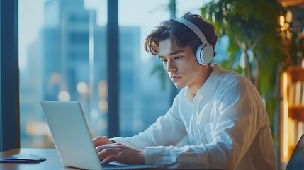Leinwandbilder - Young office worker working inside office building using laptop to watch video and headphones businessman on break : Generative AI