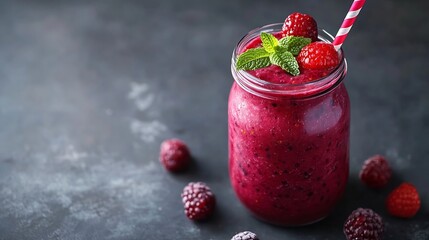 Poster - healthy red berry smoothie in a glass jar on a grey background : Generative AI