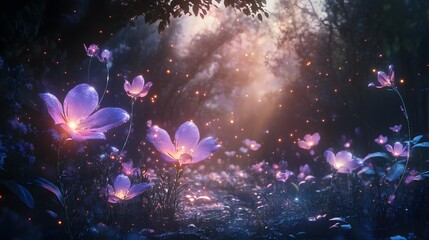 Wall Mural - mystical forest glowing flowers ethereal creatures dreamlike atmosphere soft-focus edges