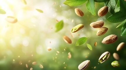 Wall Mural - Pistachio nuts with  almonds and leaves in closeup isolated Levitation : Generative AI