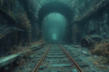 a mysterious dimly lit railway tunnel with rusted tracks leading into darkness ethereal mist swirls around ancient stone walls creating an eerie atmosphere