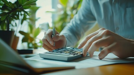 Banner Asian Business man hands using calculator counting tax financial bill Tax audit Finacial concept Panorama Close up businessman hands calculating number tax audit planning with c : Generative AI