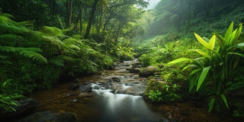 Wall Mural - A stream flowing through a lush green forest