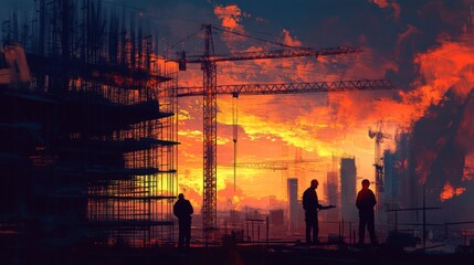 Aufkleber - A construction site at sunset with engineers reviewing progress, cranes, and scaffolding in the background. The sky is painted with warm colors.