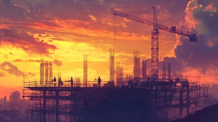 Aufkleber - A construction site at sunset with engineers reviewing progress, cranes, and scaffolding in the background. The sky is painted with warm colors.
