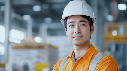 Poster - Asian male engineer or architect with a white helmet on a white background standing in a photo studio Asian workers work on building projects happy smiling worker : Generative AI