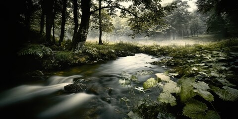 Wall Mural - A stream flowing through a lush green forest