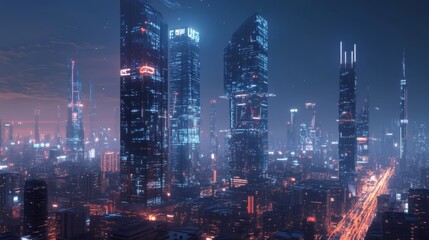 Aufkleber - A futuristic cityscape with illuminated skyscrapers and advanced technology elements integrated into the architecture, set against a night sky