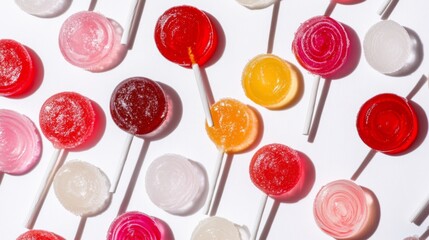 Leinwandbilder - A high-resolution image of multiple lollipops with different flavors and shapes, artistically scattered on a white surface to emphasize their variety and fun.