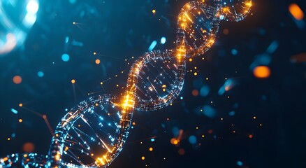 Poster - Detailed Digital Rendering of Futuristic DNA Double Helix Structure with Glowing Network Connections
