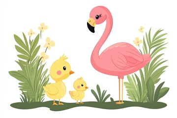 Wall Mural - Cute cartoon flamingo and chick characters tropical birds, cartoon vector illustration for children