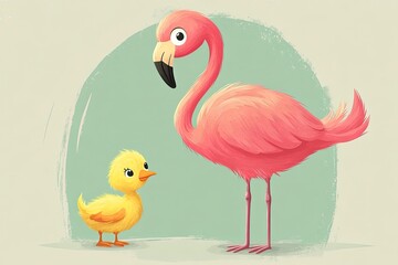 Wall Mural - Cute cartoon flamingo and chick characters tropical birds, cartoon vector illustration for children