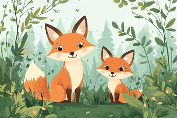 Wall Mural - Cute cartoon fox and kit characters forest animals, cartoon vector illustration for children