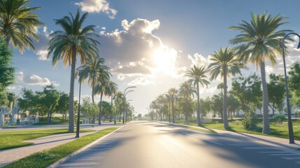 Poster - A scenic boulevard with palm trees and neatly manicured lawns, featuring a wide, open road and stylish street lamps under a bright, sunny sky.