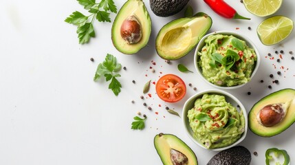 Wall Mural - Fresh and vibrant flavors come together in this avocado spread. Simple bowls of guacamole are ready for any gathering. Perfect for healthy snacks and gourmet dishes. AI