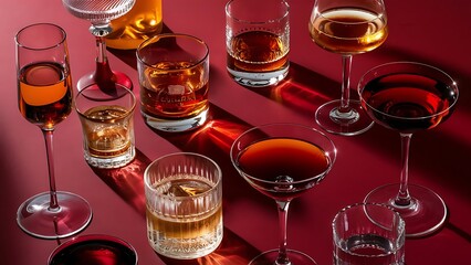 A variety of alcoholic drinks on red background