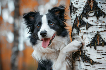 a dog is leaning against a tree trunk