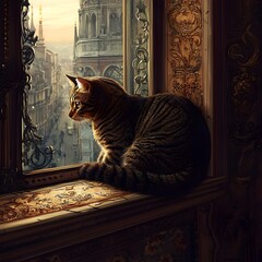 Tabby Cat Gazes Wistfully from Ornate Floral Patterned Windowsill onto Energetic City Streets