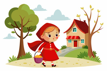 Little red riding hood is walking to grandmother vector art illustration