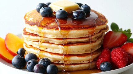 Poster - A stack of fluffy American pancakes with butter and maple syrup drizzled on top, served with a side of fresh fruit, against a simple white backdrop.