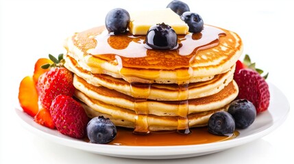 Poster - A stack of fluffy American pancakes with butter and maple syrup drizzled on top, served with a side of fresh fruit, against a simple white backdrop.