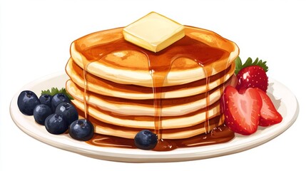 Poster - A stack of fluffy American pancakes with butter and maple syrup drizzled on top, served with a side of fresh fruit, against a simple white backdrop.