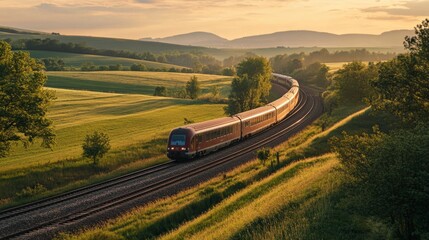 Poster - A train approaching on a set of tracks through a scenic countryside, with rolling hills and fields in the background and the train in motion.
