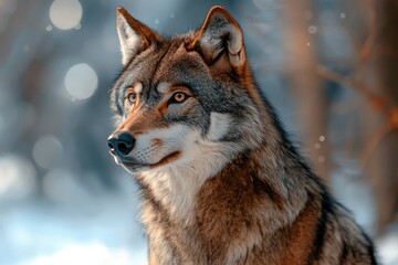 Sticker - Close-up Portrait of a Wolf with Brown Fur and Golden Eyes in a Snowy Forest