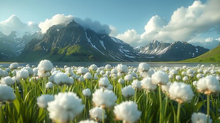 Wall Mural - A field of white cotton grass blooms in front of a mountain range with a lake in the background.