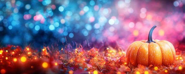 surreal orange pumpkin on colorful background with bokeh effects. Copy space. Halloween concept