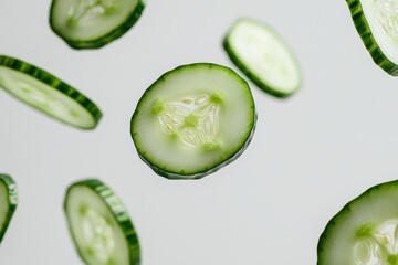 Wall Mural - Fresh cucumber slices floating against a light background, emphasizing freshness and health.