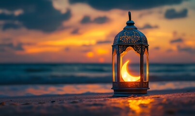 Wall Mural - a close up of a lantern on a beach with the sun setting