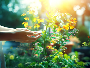 Hand touching plants green with biochemistry structure on background. Science of plant research