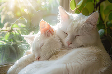 Wall Mural - two white cats sleeping together on a window sill