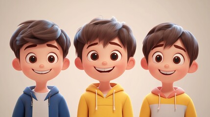 Wall Mural - 3D cartoon, happy smiling children's faces of three boys with brown hair and blue eyes in yellow T-shirts on a white background