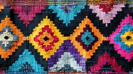 Poster - A vibrant hand-woven tapestry featuring intricate geometric patterns and bold colors