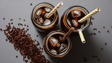 Wall Mural - Top view of ice coffee in glass jars with straws and coffee grains on grey background