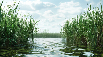 Wall Mural - Peaceful wetland scene with tall green grass lining the water on a sunny day with a bright blue sky and scattered clouds.