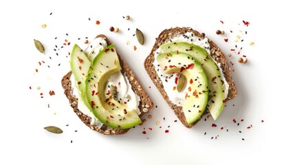 Sticker - Delicious toast topped with fresh avocado slices and sprinklings. Perfect for breakfast or a healthy snack. 