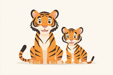 Cute cartoon tiger and cub characters jungle animals, cartoon vector illustration for children